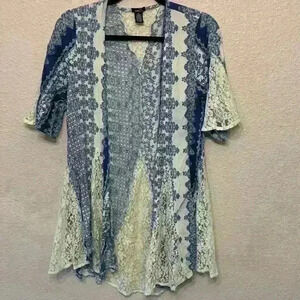 Rue 21 blue white cardigan sz s paisley lace girly festival concert boho *flaw